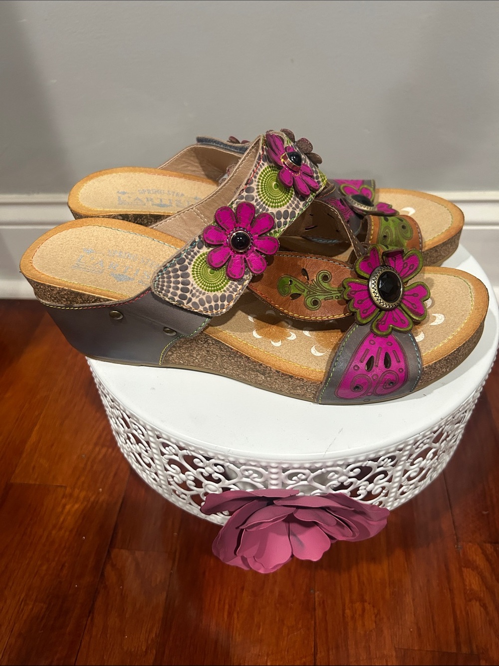 Floral Embroidered Pink & Green Wedge Slide Sandals